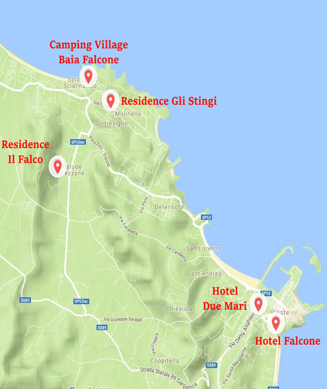 Mappa delle strutture del Gruppo Falcone a Vieste